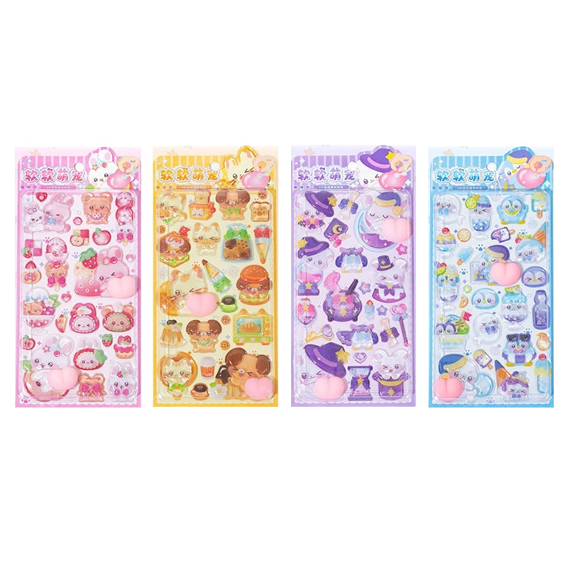 4pcs 3D Squishy Embossed Butt Stickers, Cute Cartoon Animal Puffy Bubble Stickers, Deco Stickers for Kuku Card & Phone Case