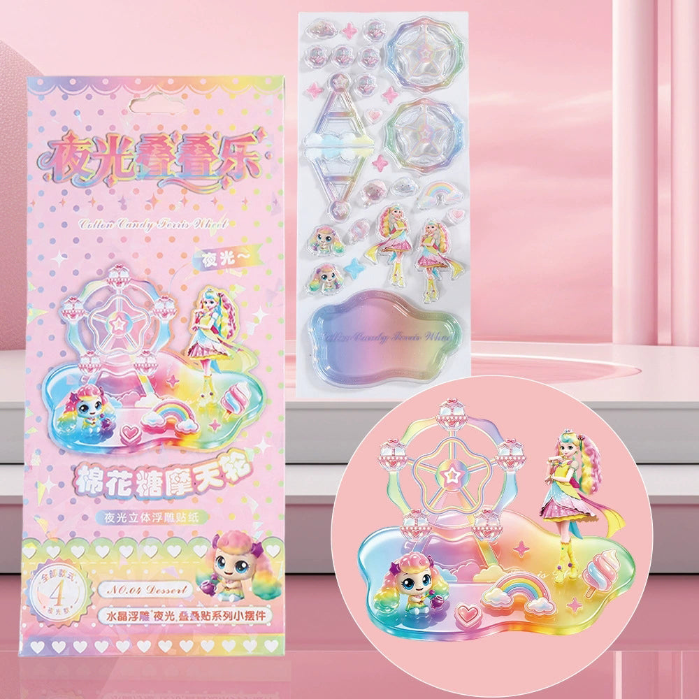 4pcs 3D Glow-in-the-Dark Embossed Stackable Toy, Kids DIY Handcraft Assembly Ornament, 3D Crystal Embossed Sticker Craft Kit