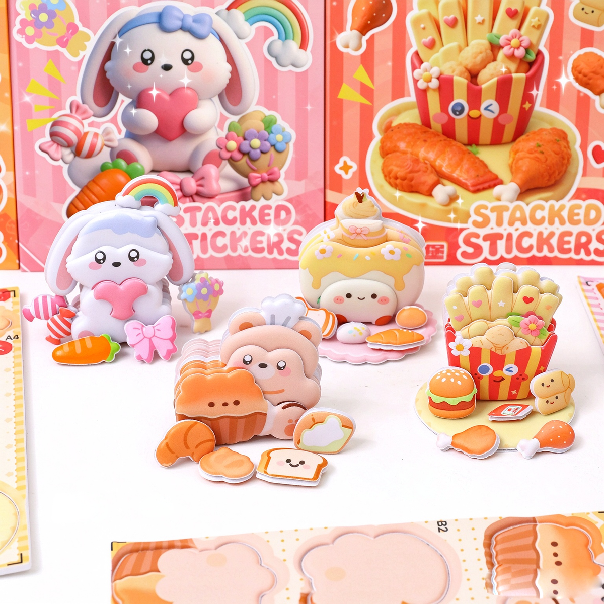 4pcs 3D Foam Stackable Stickers, Cute Cartoon DIY Handmade Decal, Stress Relief Desktop Ornament for Kids & Craft Lovers