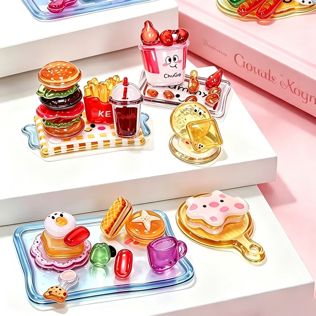 4pcs 3D Crystal Food Toy Stickers | Mini DIY Miniature Food Kit for Scrapbooking & Decoration