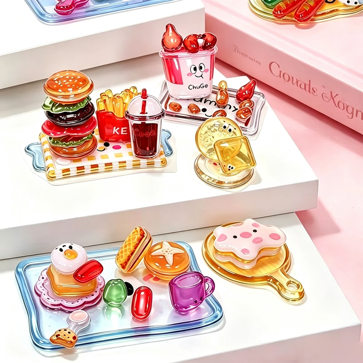 4pcs 3D Crystal Food Toy Stickers | Mini DIY Miniature Food Kit for Scrapbooking & Decoration