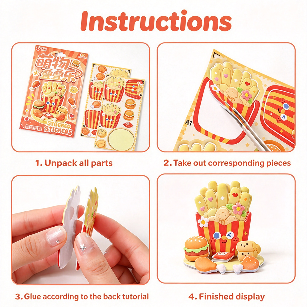 4pcs 3D Foam Stackable Stickers, Cute Cartoon DIY Handmade Decal, Stress Relief Desktop Ornament for Kids & Craft Lovers